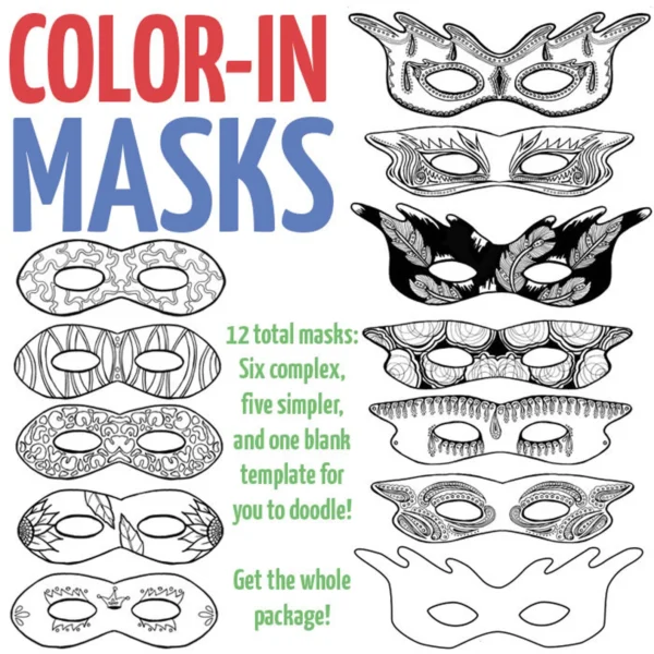 12 Printable Color-in Masquerade Masks for Kids & Adults - Image 2