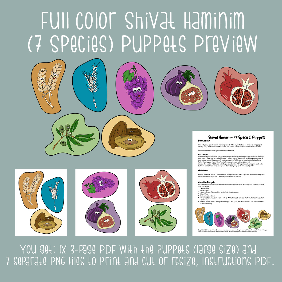 FULL COLOR 7 Species of Israel Craft - Shivat Haminim Printable Puppets - Image 2