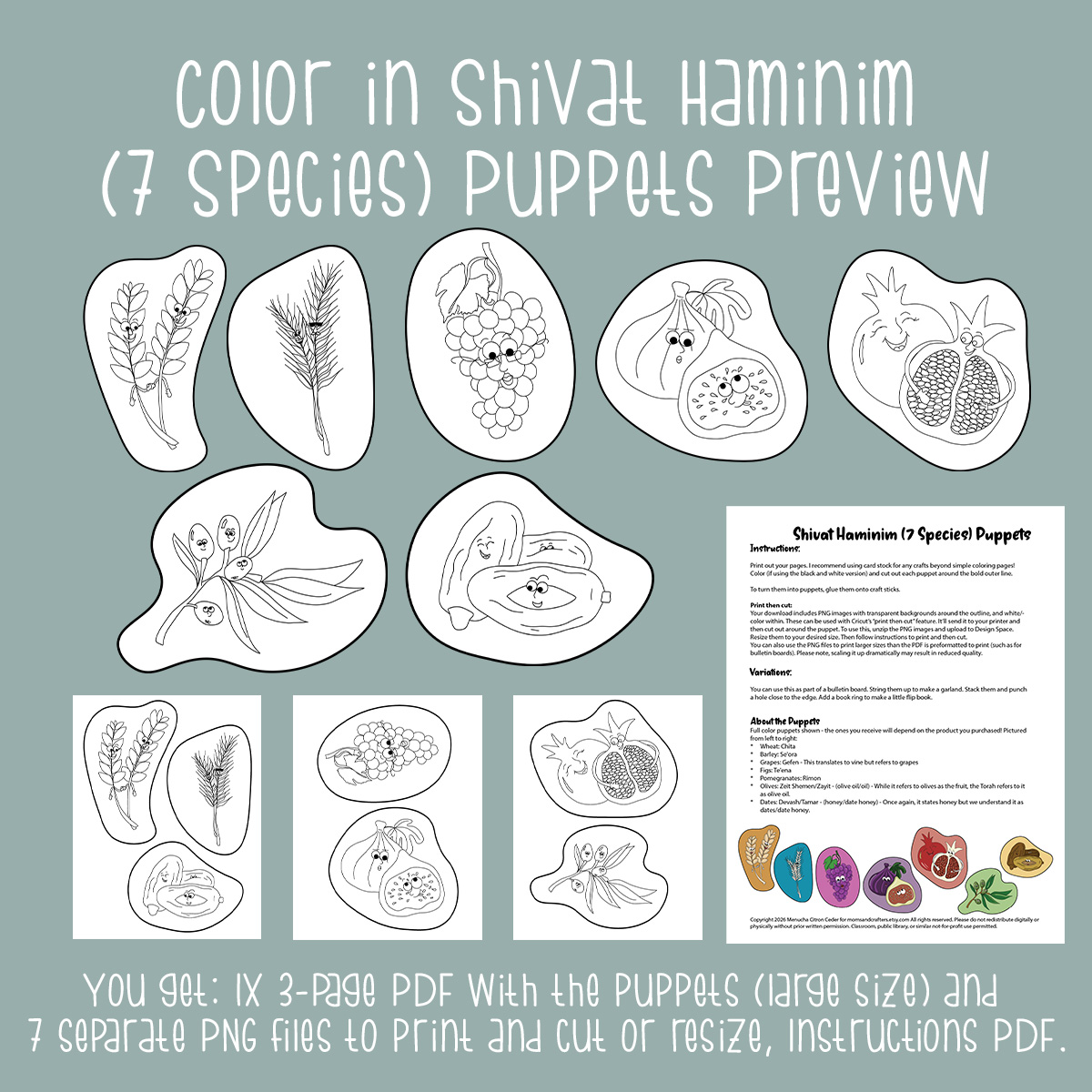 7 Species of Israel Craft - Shivat Haminim Color in Puppets PDF - Kids' Craft and Coloring Page for Tu B'shvat - Image 2