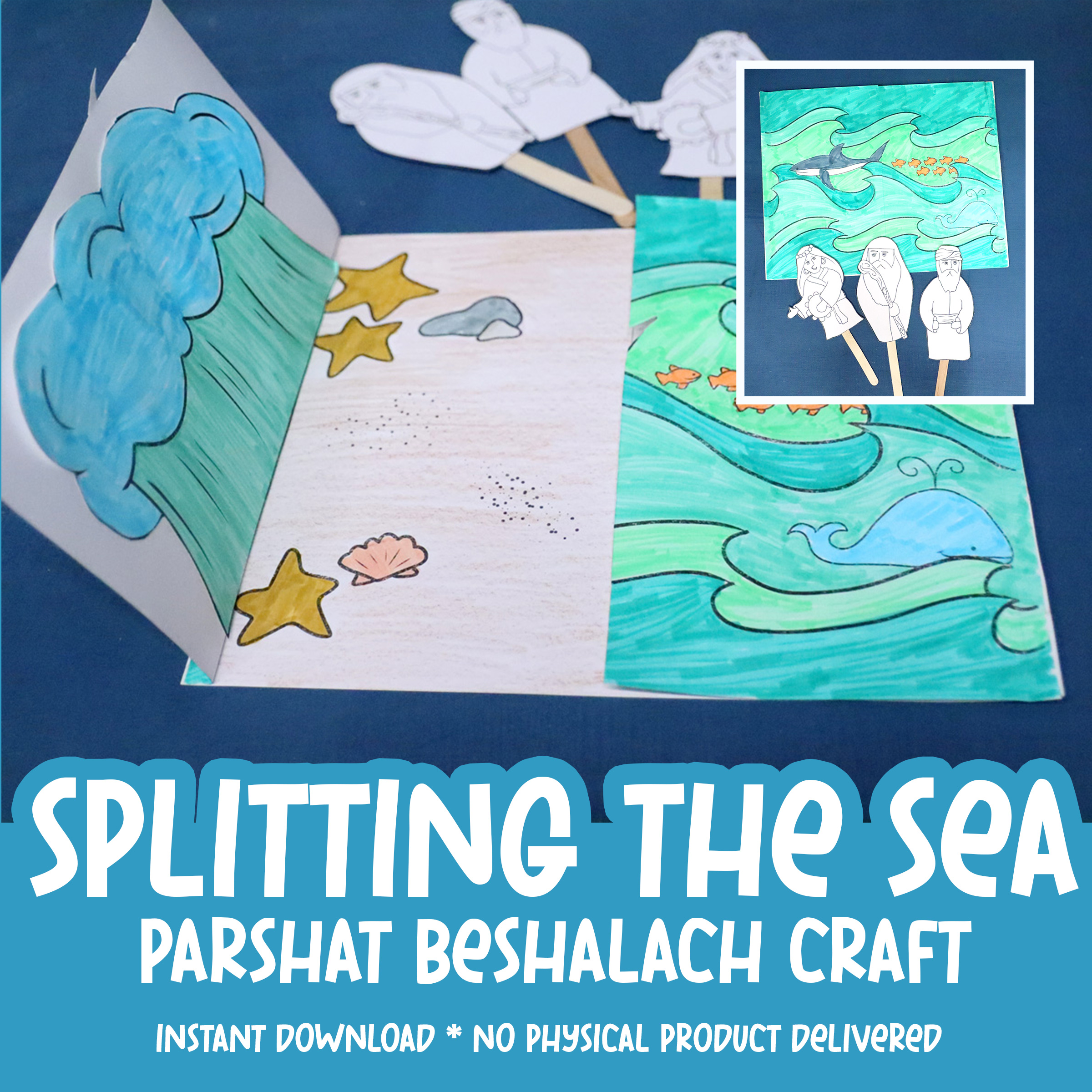 Splitting of The Sea Craft for Parshat Beshalach or Passover | Coloring Page Diorama & Puppets