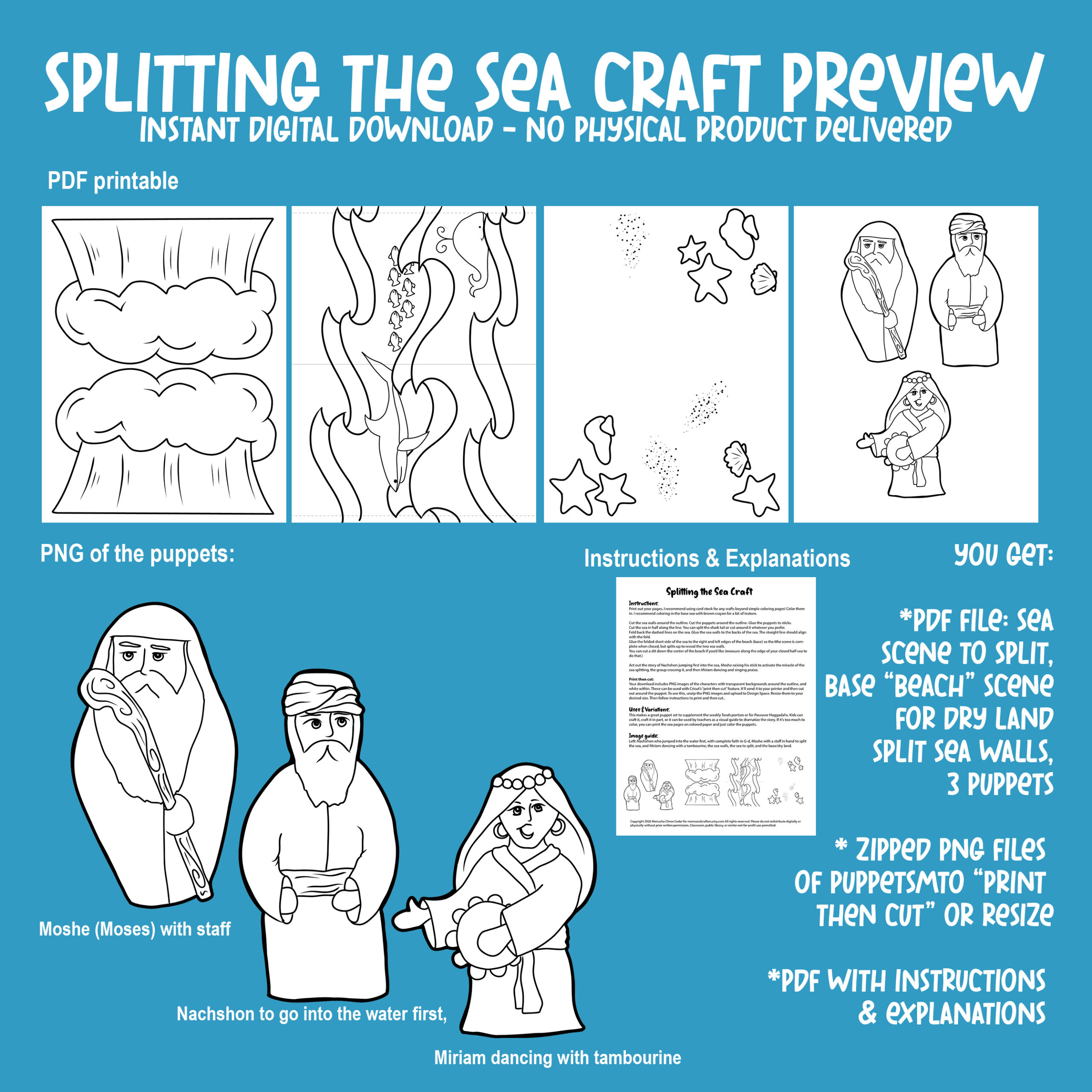 Splitting of The Sea Craft for Parshat Beshalach or Passover | Coloring Page Diorama & Puppets - Image 2
